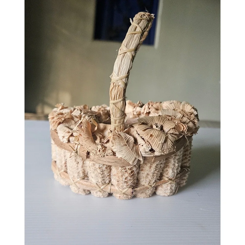 Vintage Natural Corn Husk and Cob Decorative Basket with Floral Trim Rustic Folk